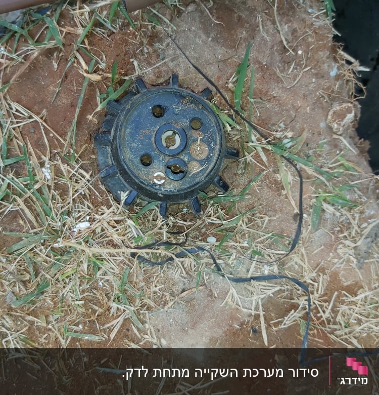 ראש ממטרה על אדמה עם דשא יבש
